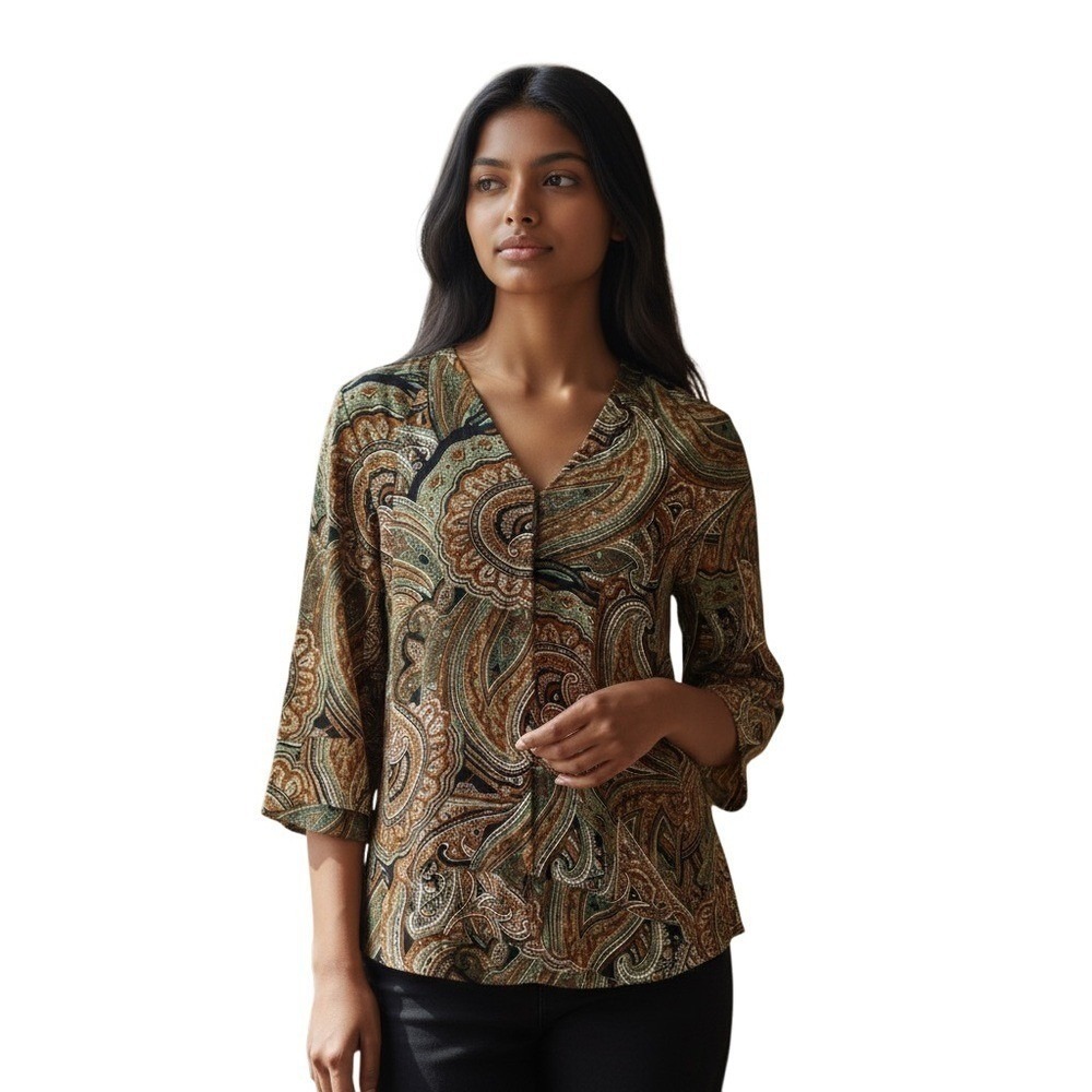 Zara | Paisley V-Neck Satin Blouse w. Bell Sleeves Relaxed Fit Size XS